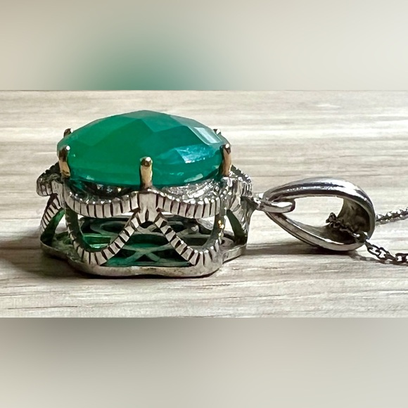 Designer Signed ATR Sterling Silver & 14K Gold Green Chalcedony 18" Necklace - Picture 4 of 7